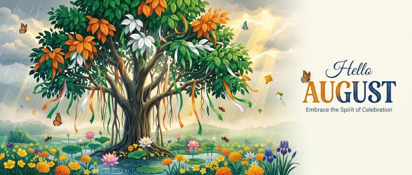 Premium Hello August Monsoon Nature Greeting Card Illustration