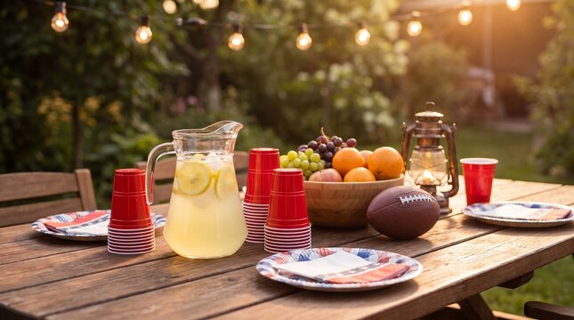 Football watch party patio table with lemonade fruit cups and lantern decor is arranged
