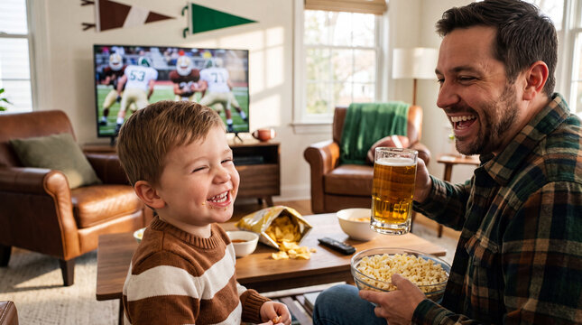 Toddler eats chips while father watches football gameday on television at home with popcorn beer for superbowl party fun