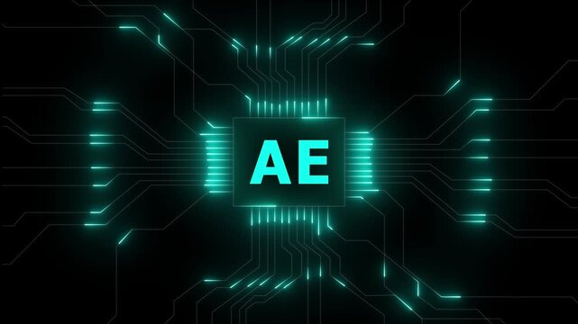 AE technology abstract circuit board glowing neon lines data transfer digital network security. Virtual private server with circuit board and processor. Technology concept.