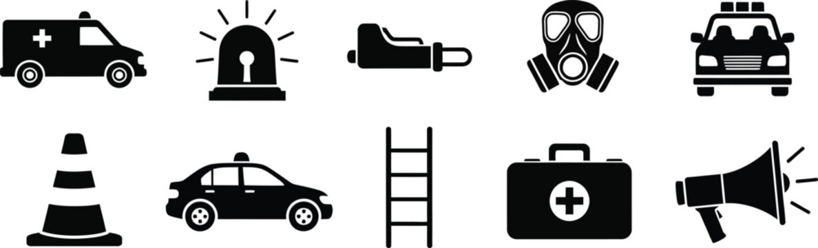 Collection of safety and emergency icons for signage and instructions. Visual symbols representing safety measures and emergency procedures.