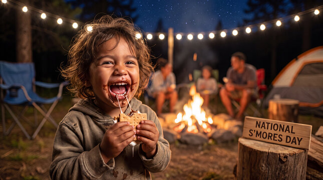 A joyful Pacific Islander toddler eats a gooey s'more by a summer campfire for National S'mores Day food and lifestyle content