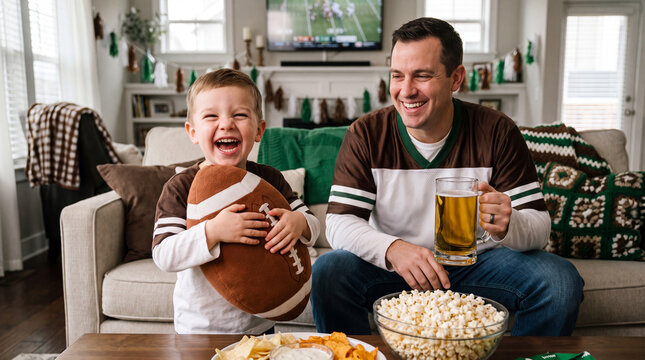 Toddler hugs football pillow while father watches gameday on television at home with popcorn chips beer for party fun