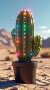 Festive Potted Cactus Decorated with Glowing Multi-colored Christmas Lights in a Desolate Desert Landscape