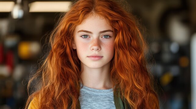 Striking Young Girl with Red Hair, Freckles, and Piercing Blue Eyes