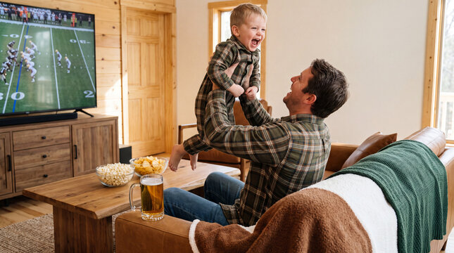 Father lifts toddler high in air while watching football gameday on television at home with popcorn chips beer for party