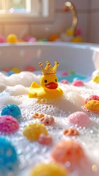 Cute yellow rubber duck wearing a golden crown floating in a bubbly bathtub surrounded by colorful foam and playful cereal balls