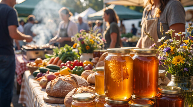 Farmers market harvest displays organic honey jars on a rustic stall for natural food photography and sweet lifestyle marketing