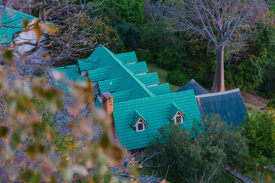 Kafue, Lusaka Province, Zambia - 19 July 2026: Aerial view of a house with a green tiled roof nestled among lush trees and a large baobab tree in Kafue, Zambia.