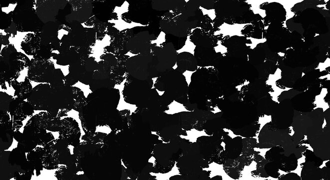 Dark black ink splotch texture overlay. Messy overlapping paint dabs forming a bold abstract camo pattern. Apply this rough grunge graphic as an isolated transparent png cutout.