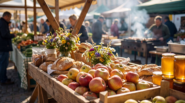 Farmers market harvest displays fresh orchard apples on a rustic stall for autumn food photography and healthy lifestyle marketing