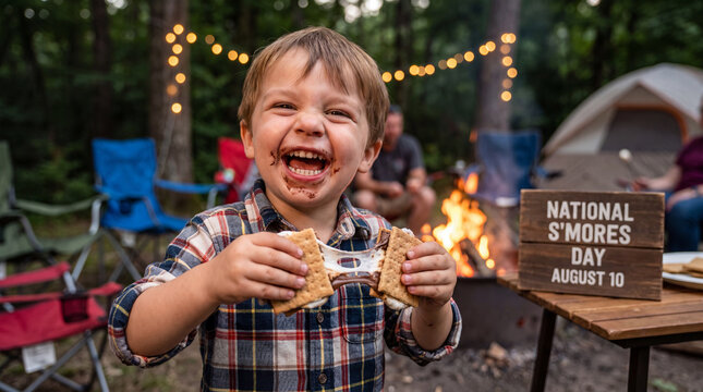 A laughing toddler enjoys a gooey s'more by the campfire for National S'mores Day lifestyle content and outdoor food marketing