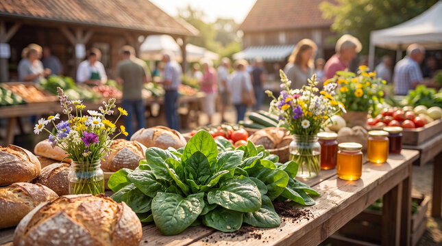 Farmers market harvest displays fresh leafy spinach on a rustic stall for organic food photography and healthy lifestyle marketing