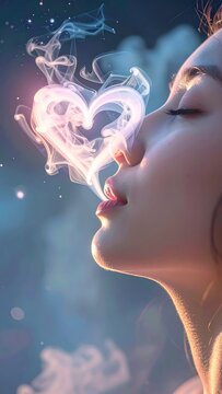 Young woman blowing glowing heart shaped smoke trail in magical dreamlike night atmosphere illustration