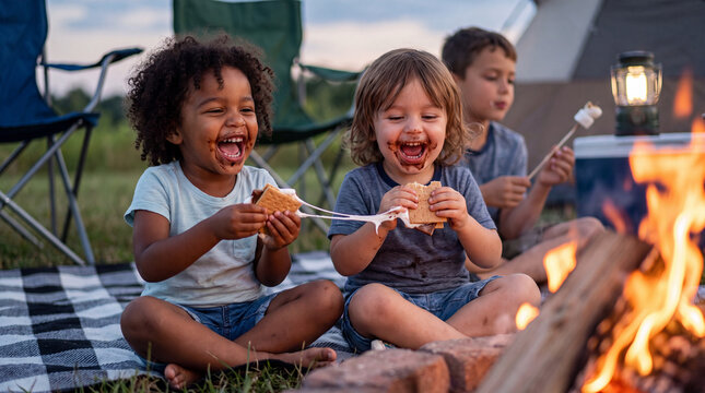 Two smiling mixed-race toddlers share gooey campfire s'mores for National S'mores Day family and outdoor lifestyle content