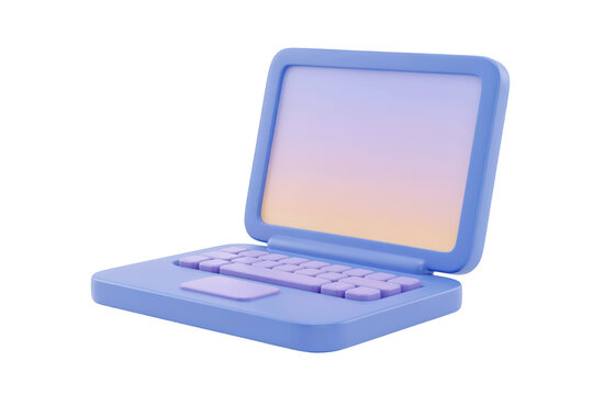 A3d rendered light blue laptop computer with a soft gradient screen and purple keyboard, isolated on a white background, for digital technology