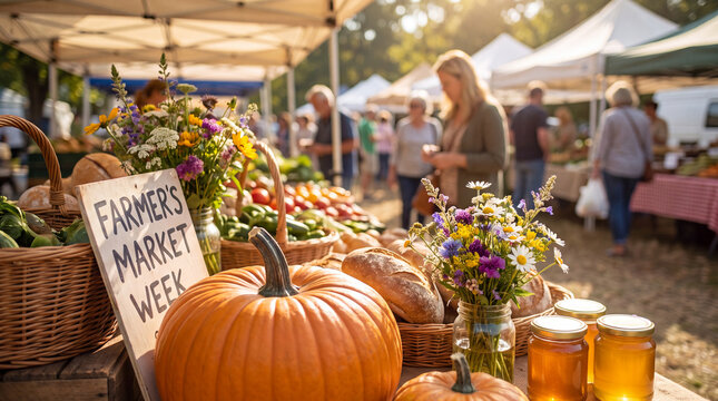 Farmers market harvest displays seasonal orange pumpkins on a rustic stall for autumn food photography and cozy lifestyle marketing