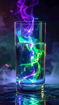 Vibrant multicolored magic smoke swirling inside a glass of water with glowing neon trails and ethereal illumination