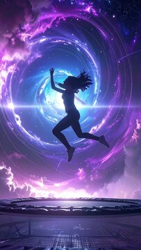 Silhouette of a girl jumping on a trampoline into a cosmic galaxy vortex with vibrant purple light and starry portal background