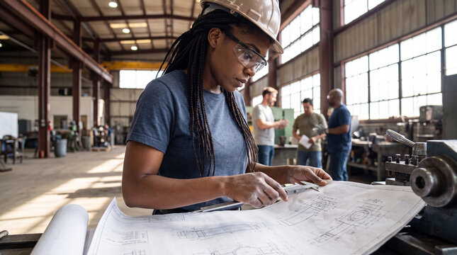Women's Equality Day celebrates a Black woman engineer reviewing technical drawings in a workshop for manufacturing and industrial careers
