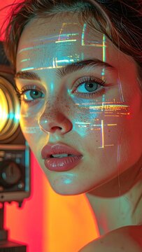 Futuristic portrait of a young woman with holographic digital data and code projections on her face in neon lighting