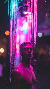 Portrait of an athletic man standing under a glowing neon rainfall display during a nighttime outdoor festival event with artistic lighting