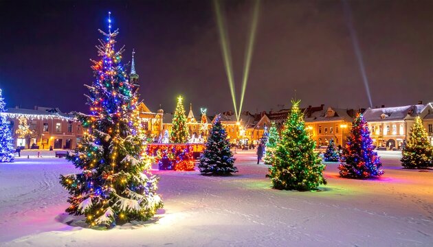 Christmas trees in snowy town square at night.