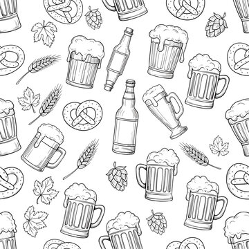 Hand drawn doodle pattern of beer and snack elements