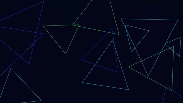 Glowing blue and green neon triangle outlines floating on dark background.