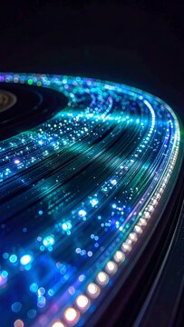 Futuristic Glowing Vinyl Record Macro Shot with Neon Blue LED Bokeh Lights on Dark Background