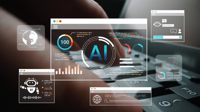 Futuristic Digital Environment Showcasing AI Technologies on Computer Screen with Graphs, Charts, and User Interface Elements in Modern Workspace Gluon.
