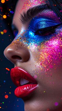 Close up portrait of a woman with vibrant colorful glitter makeup and glossy red lips