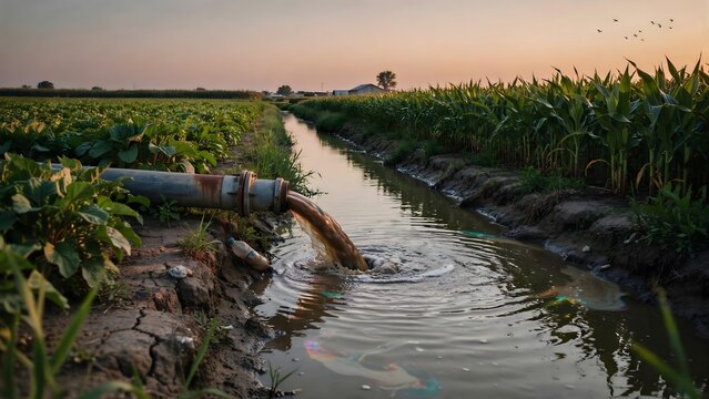 Polluted water being discharged from a metal pipe into an irrigation ditch in a corn field at sunset