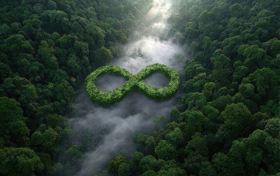 A glowing infinity sign made of lush green foliage in a misty mountain forest. Ideal for renewable energy.