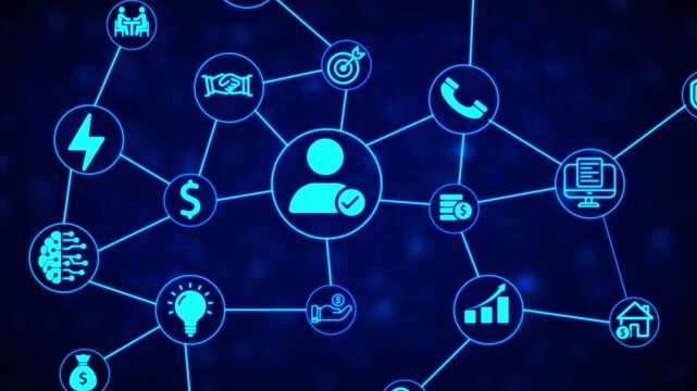 A digital network diagram interconnected business concepts including a person with a checkmark, handshake, target, phone, computer, money, brain, and lightning bolt against a dark blue dotted
