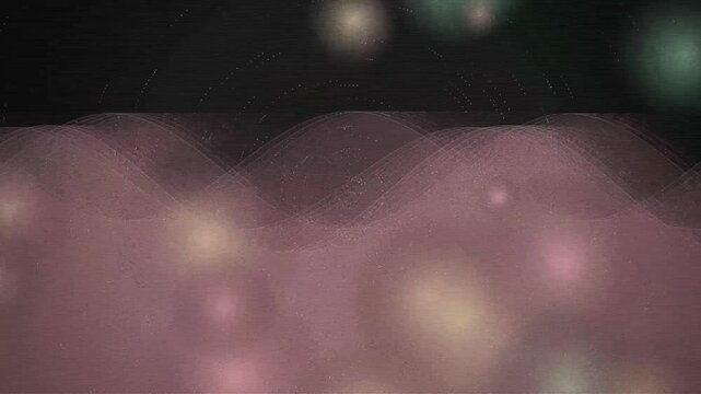 Pink wavy layers with glowing bokeh lights and retro scanline effect background animation.