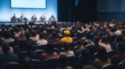 Obraz premium Blurred view of large crowd inside professional conference center auditorium attending business seminar with speakers on stage during corporate event and networking session