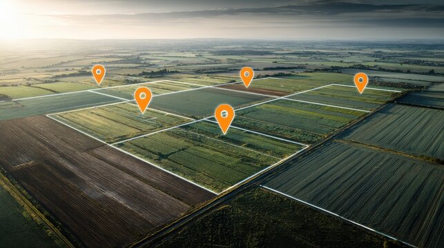 Aerial view of agricultural land plots with location markers. Real estate and property development concept.