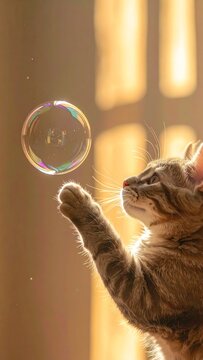 Curious Tabby Cat Playfully Reaching for a Floating Iridescent Soap Bubble in Warm Golden Sunlight