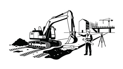 Construction worker wearing a hard hat monitors an excavator at a developing building site. © Sad