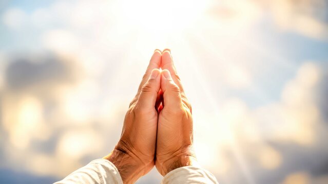 A pair of hands clasped together in prayer, reaching towards a divine light breaking through the clouds