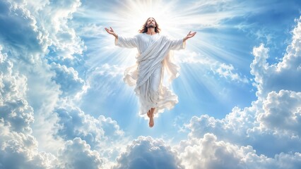Obraz premium The depiction of Jesus ascending into heaven surrounded by clouds and divine light. His arms are outstretched, and he gazes upwards in a moment of spiritual transcendence