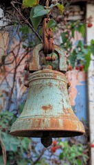 Fototapeta premium Weathered Bell Hanging Amidst Foliage, Rustic Charm and Aged Beauty
