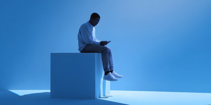 A darkskinned man sits alone on a geometric platform while focusing on his mobile device in a cool blue space.