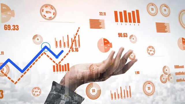 Dynamic imagery combining hand gestures and data analytics illustrates key business metrics and trends in an urban environment, emphasizing performance and growth. Xenic