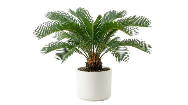 Sago palm houseplant in white ceramic pot, tropical Cycas revoluta indoor plant, green palm fronds isolated on white background for interior design