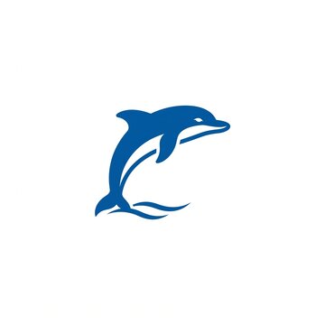 Blue minimalist vector illustration of a dolphin jumping out of sea water waves, isolated on white background.