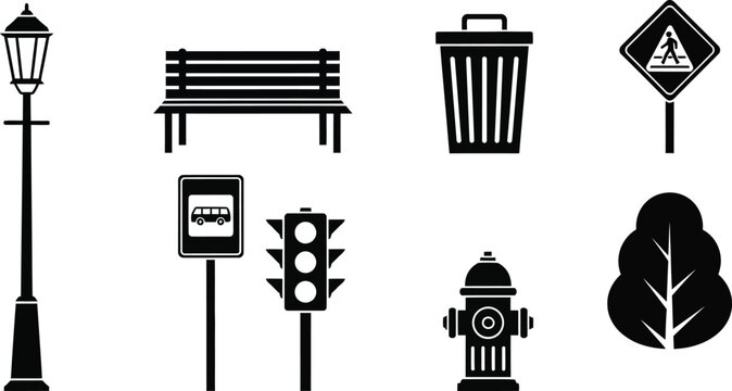 Urban street scene with park elements and traffic signals. City infrastructure and public space features.