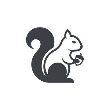 Minimalist vector silhouette of a cute squirrel holding a small acorn, isolated on a clean white background.
