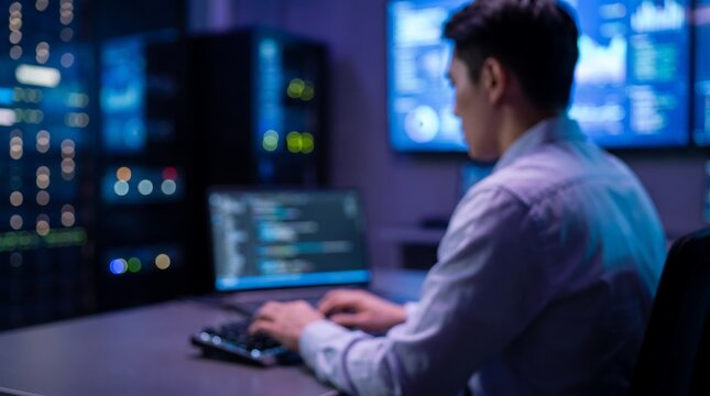 Young male developer working on software code in modern dark server room with glowing blue interface screens and blurred data center background while sitting at computer workstation